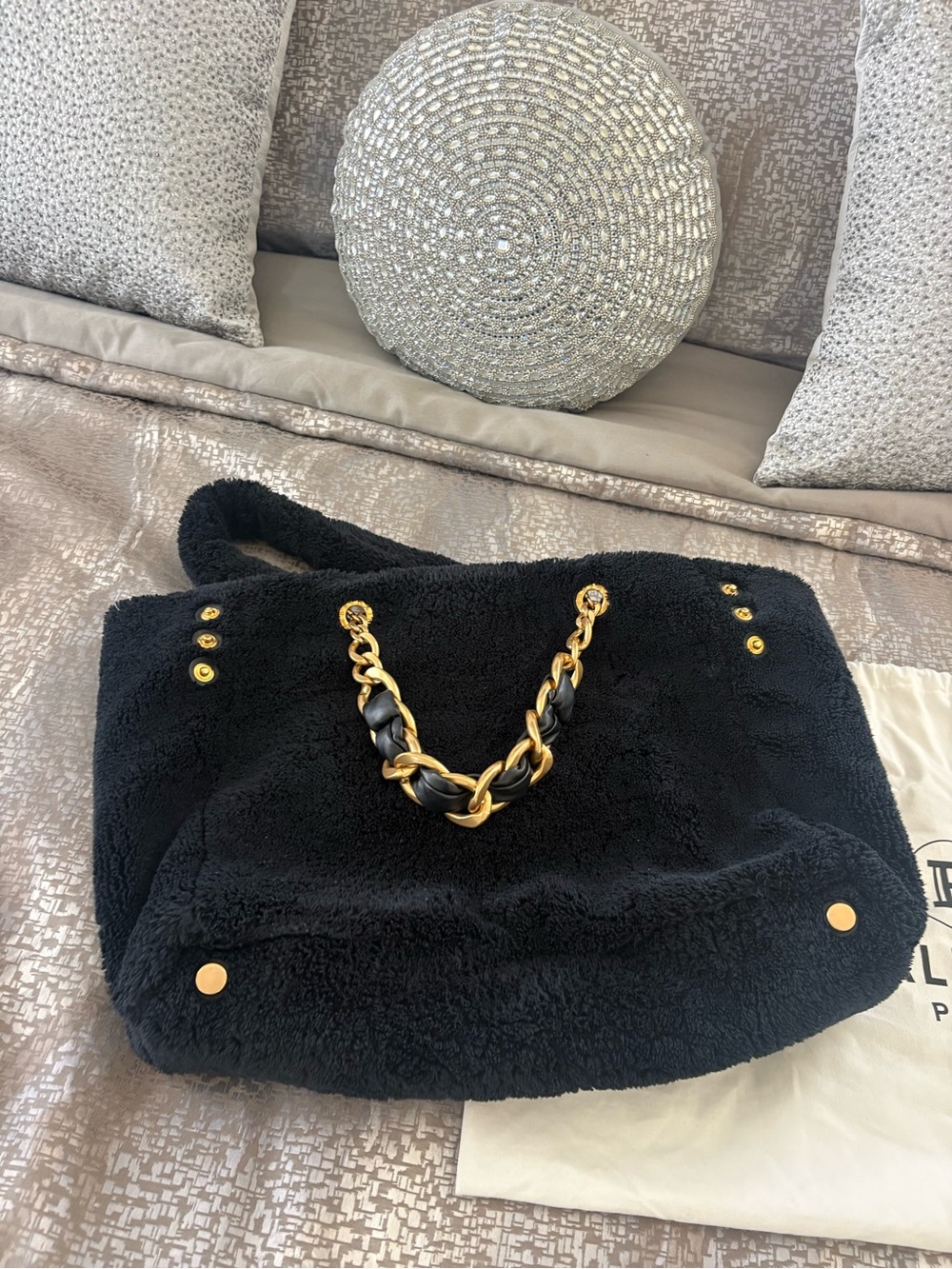 Balmain Black Faux Shearling Tote with Gold Chain Handles - Picture 8 of 8